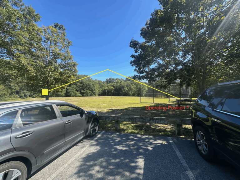 Photo depicts two cars parked next to a baseball field. Yellow lines indicate the invisible wire antenna and orange text highlights the operating position.